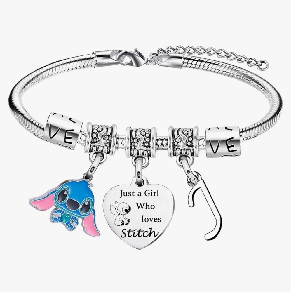 Stitch Bracelet w/Initial Letter "J" & Disney Stitch 3D Acrylic LED Illusion Lam